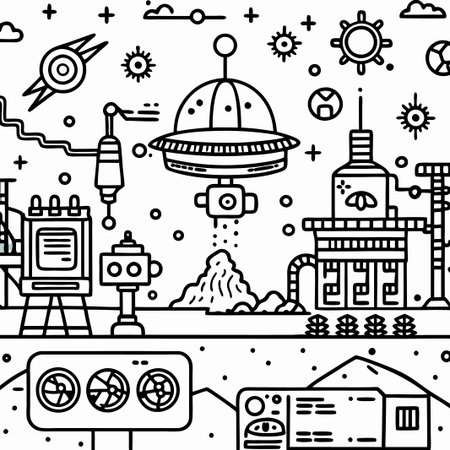 Line art illustration of a UFO landing near a futuristic factory on an alien planet.の素材