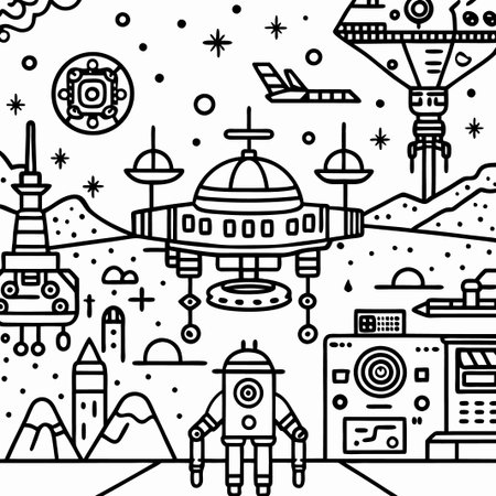 Retro futuristic robot in alien landscape.の素材