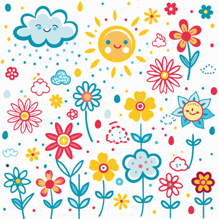 Cute cartoon sun, clouds, and flowers.の素材