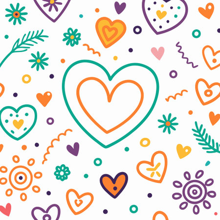 Colorful hand-drawn hearts and flowers pattern. (1)の素材