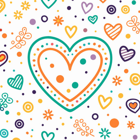 Colorful hand-drawn hearts and floral pattern.の素材