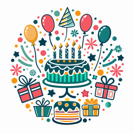 Birthday celebration with cake, presents, balloons.の素材