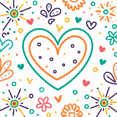 Colorful hand-drawn heart with floral and firework elements.の素材