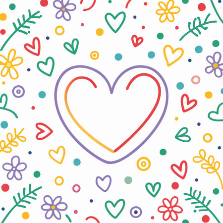 Colorful hand-drawn hearts and flowers.の素材