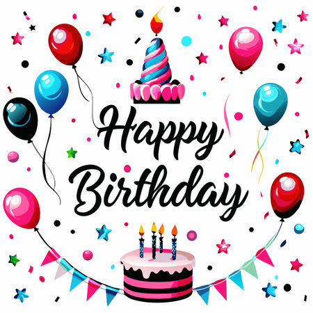 Festive birthday card with balloons, cakes, and confetti.の素材