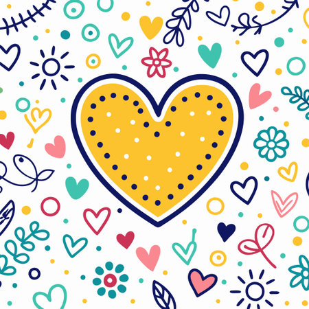 Yellow heart with colorful flowers and hearts.の素材