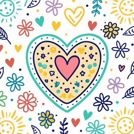 Cute hand-drawn heart surrounded by flowers and suns.の素材