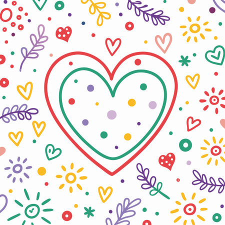 Colorful hand-drawn hearts and floral pattern. (1)の素材