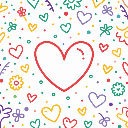 Colorful hand-drawn hearts and flowers pattern. (3)の素材