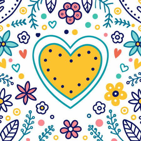 Yellow heart surrounded by colorful flowers and leaves.の素材