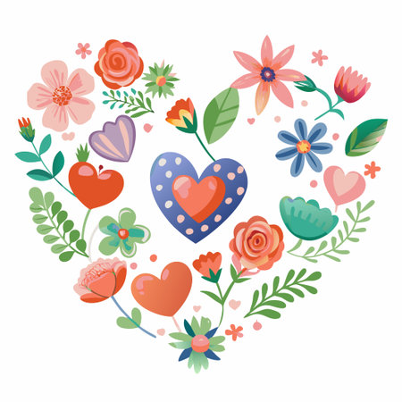 Floral heart design with colorful flowers and hearts.の素材