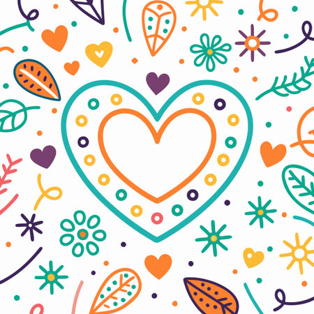Colorful hand-drawn heart with floral and leaf elements.の素材