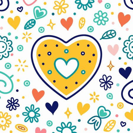 Yellow heart surrounded by colorful hearts, flowers, and leaves on white background.の素材