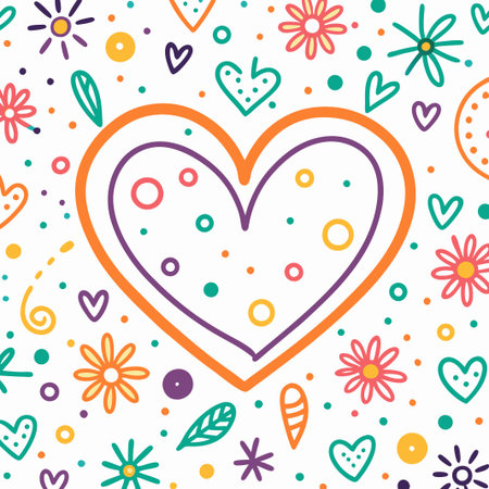 Colorful hand-drawn heart with flowers and dots.の素材