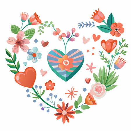 Floral heart design with colorful flowers and leaves.の素材