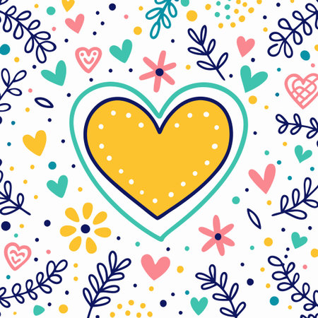 Yellow heart surrounded by flowers and leaves.の素材