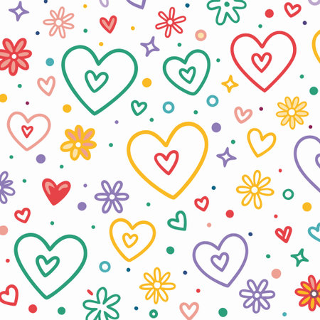 Colorful hearts and flowers seamless pattern. (3)の素材