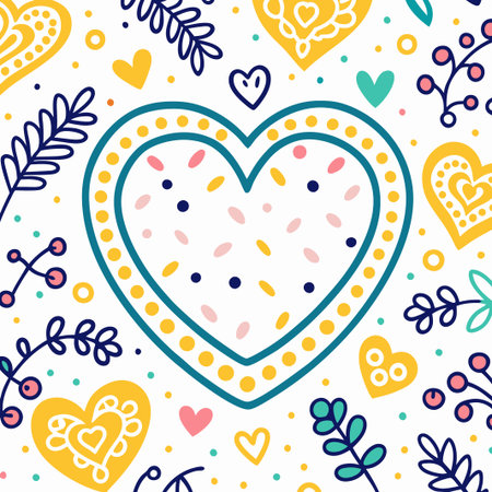 Teal heart with yellow dots surrounded by smaller hearts and floral elements.の素材