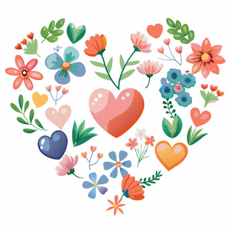 Floral heart design with colorful flowers and hearts. (1)の素材
