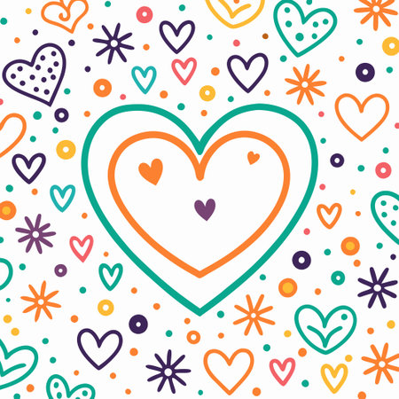 Colorful hand-drawn hearts and stars pattern.の素材