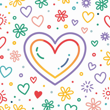 Rainbow heart surrounded by colorful flowers and hearts.の素材