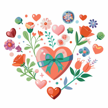 Heart-shaped floral arrangement with gift.の素材