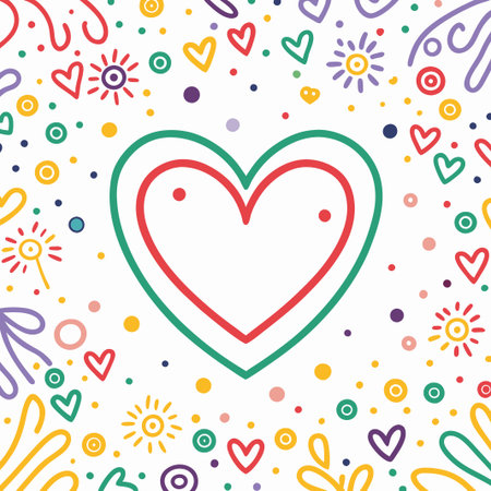 Colorful doodle heart with floral and sun elements.の素材
