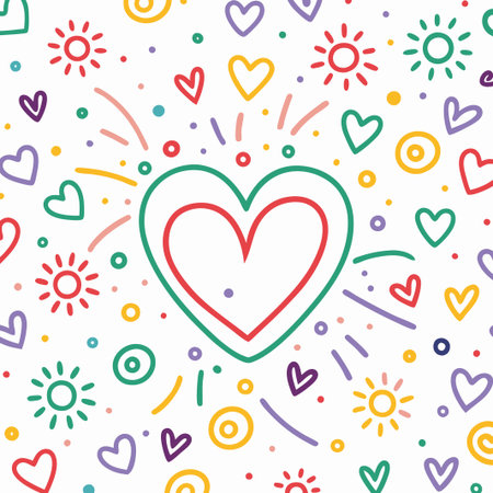 Colorful hand-drawn hearts and suns pattern.の素材