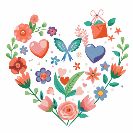 Floral heart design with gifts, butterflies, and hearts.の素材