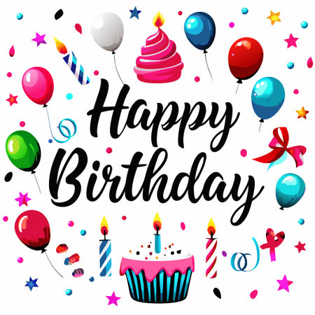 Festive Happy Birthday greeting with cupcakes, balloons, and candles.の素材