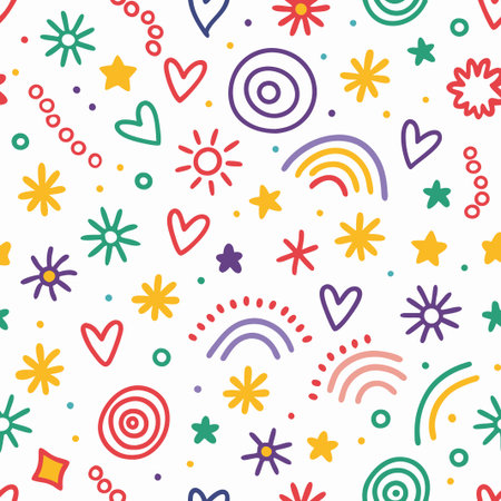 Colorful doodle pattern with hearts, stars, flowers, rainbows, and circles on white background.の素材