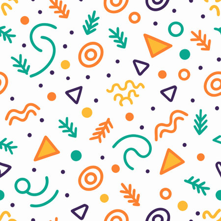 Seamless pattern with abstract shapes, leaves, and dots in vibrant colors.の素材