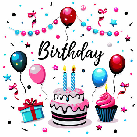 Festive birthday cake, balloons, gifts, and confetti.の素材