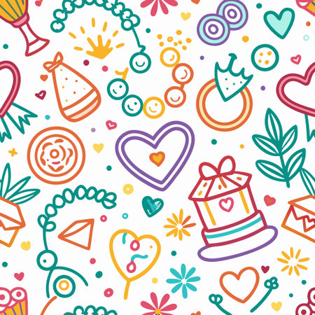 Colorful doodle seamless pattern with hearts, gifts, and jewelry.の素材