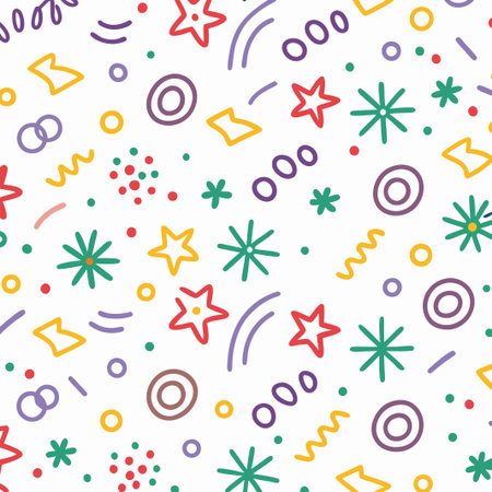 Colorful festive seamless pattern with stars, circles, and confetti.の素材