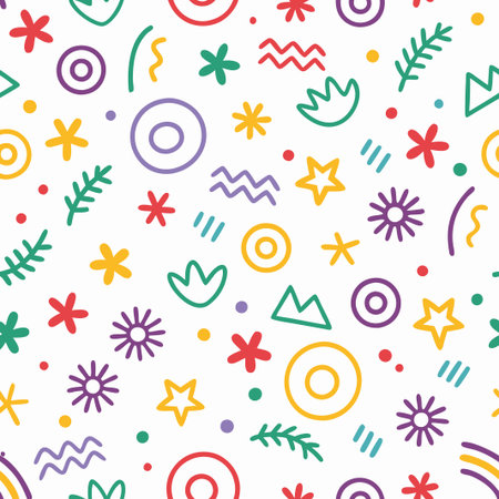 Colorful abstract seamless pattern with flowers, stars, and geometric shapes on white background.の素材