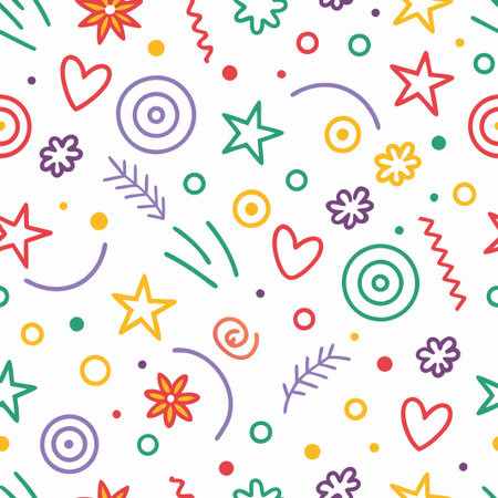 Colorful hand-drawn seamless pattern with hearts, stars, flowers, and geometric shapes on white background. (1)の素材