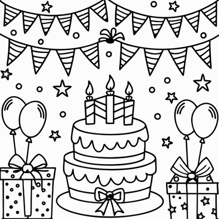 Festive birthday cake with gifts, balloons, and bunting.の素材