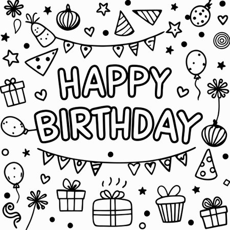 Happy Birthday hand-drawn doodle illustration with party elements.の素材