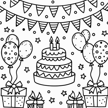 Festive birthday cake with balloons, gifts, and bunting. (1)の素材