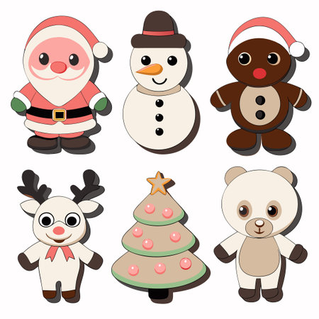 Cute Christmas characters Santa, snowman, gingerbread man, reindeer, Christmas tree, panda.の素材