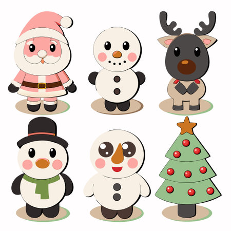 Cute Christmas characters Santa, snowman, reindeer, penguin, and Christmas tree.の素材