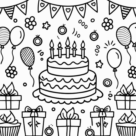 Doodle birthday cake with gifts and balloons.の素材
