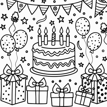 Birthday cake with presents, balloons, and candles.の素材