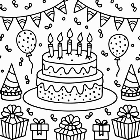 Festive birthday cake with candles, balloons, gifts, and party hats. (1)の素材