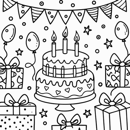 Festive birthday cake with gifts and balloons. (1)の素材