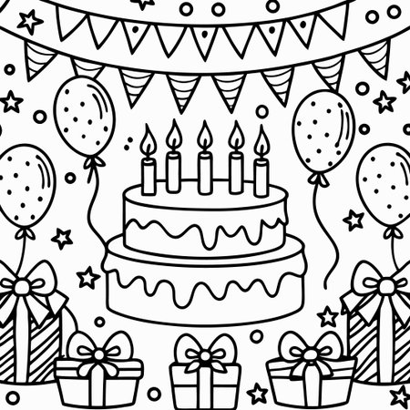 Festive birthday cake with candles, balloons, and gifts. (3)の素材