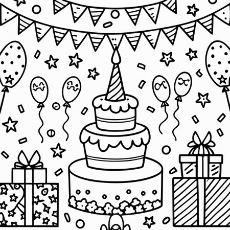 Birthday cake with presents, balloons, and confetti. (4)の素材