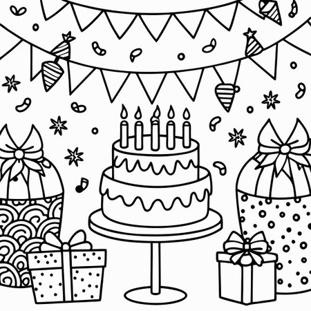 Two-tiered birthday cake with candles, gifts, and party decorations. (1)の素材