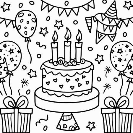 Festive birthday cake with candles, balloons, gifts, and party decorations.の素材